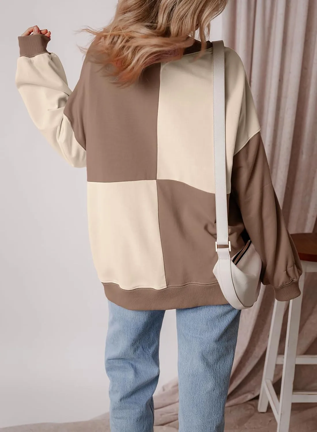 SHEWIN Women's Sweatshirts Casual Loose Button Henley Pullover Top Color Block 2024 Fall Fashion Outfits