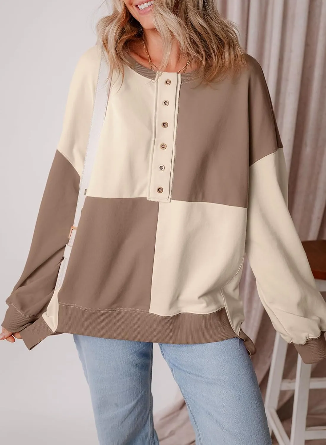 SHEWIN Women's Sweatshirts Casual Loose Button Henley Pullover Top Color Block 2024 Fall Fashion Outfits