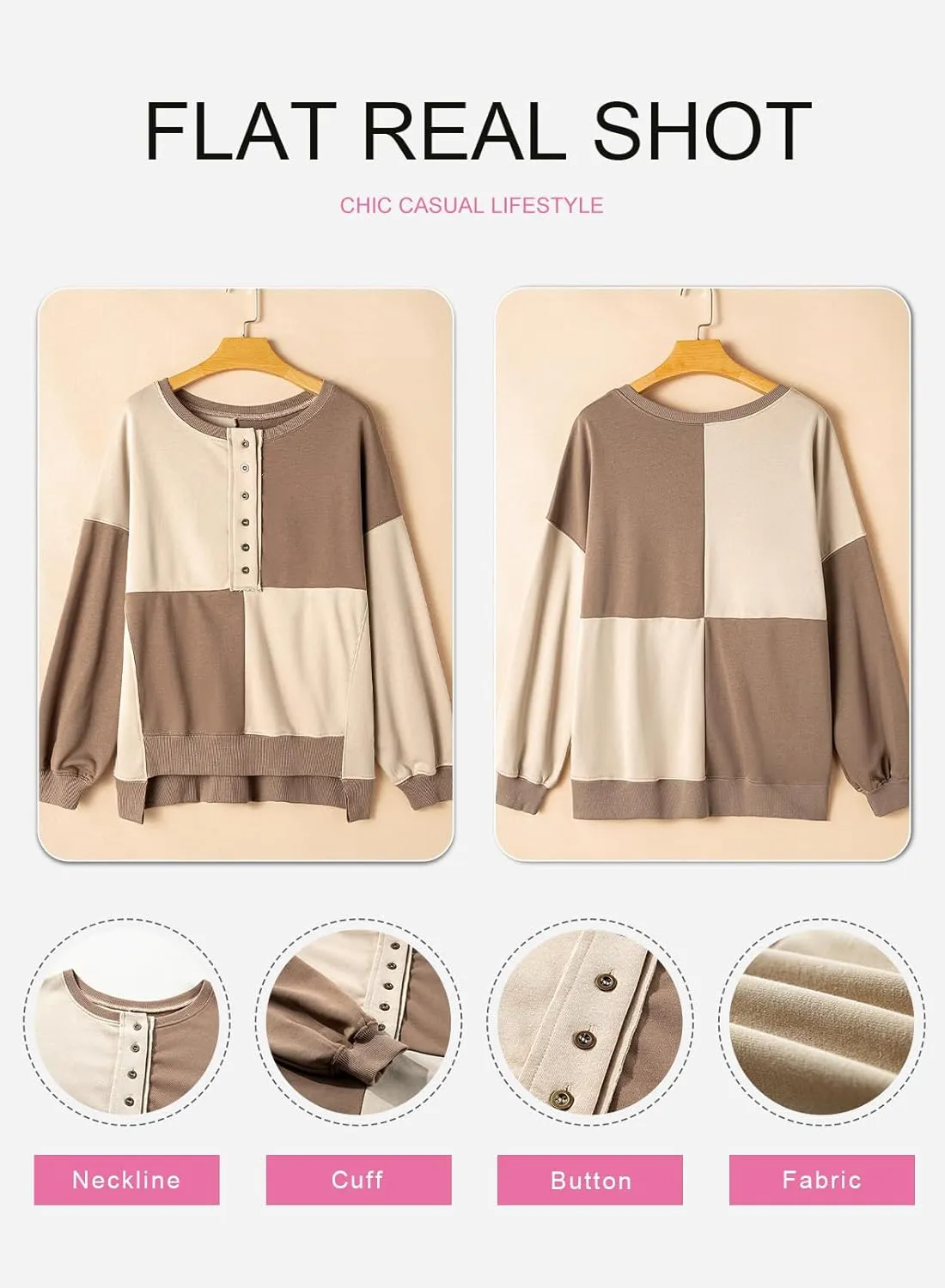 SHEWIN Women's Sweatshirts Casual Loose Button Henley Pullover Top Color Block 2024 Fall Fashion Outfits