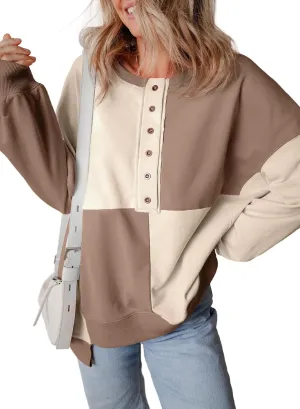 SHEWIN Women's Sweatshirts Casual Loose Button Henley Pullover Top Color Block 2024 Fall Fashion Outfits