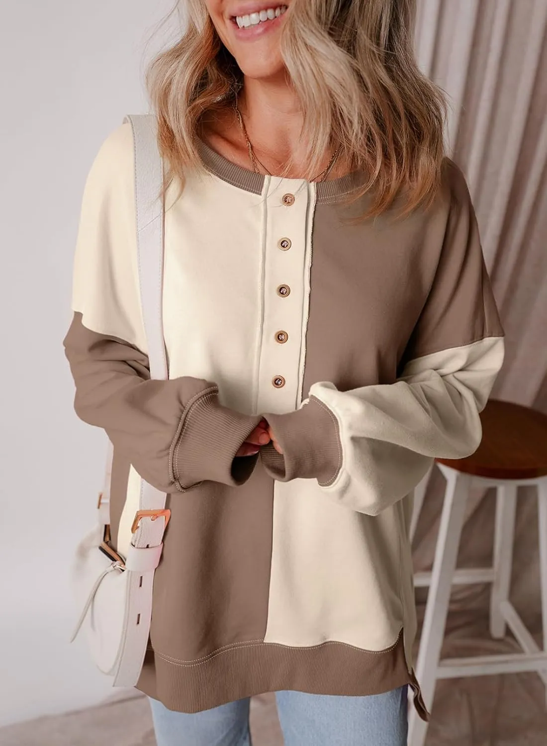 SHEWIN Women's Sweatshirts Casual Loose Button Henley Pullover Top Color Block 2024 Fall Fashion Outfits