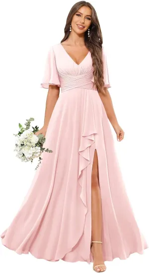 Short Sleeve Bridesmaid Dresses for Wedding with Slit Ruffles Formal Evening Party Dress with Pockets