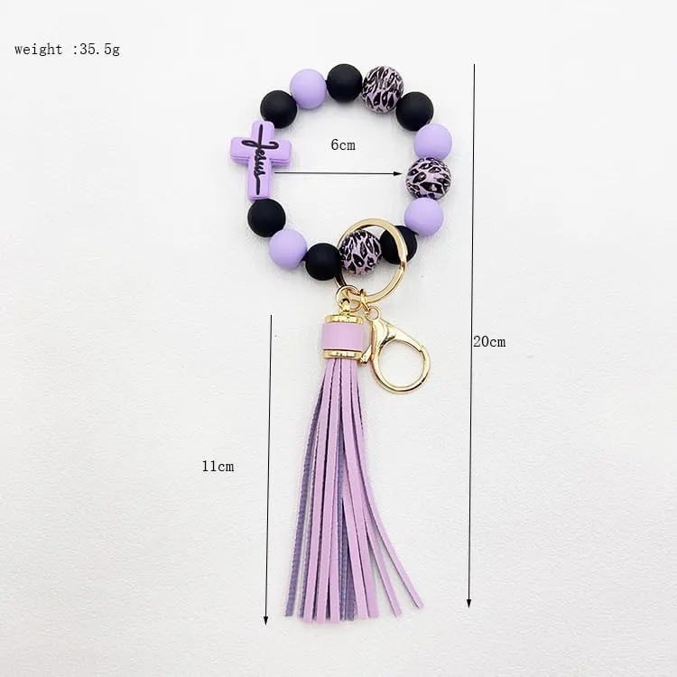 Silicone Bead Keychain Bracelet, Beaded Keyring Wristlet for Women Girls House Car Keys with Leather Tassel Cross Charm
