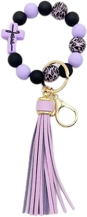 Silicone Bead Keychain Bracelet, Beaded Keyring Wristlet for Women Girls House Car Keys with Leather Tassel Cross Charm