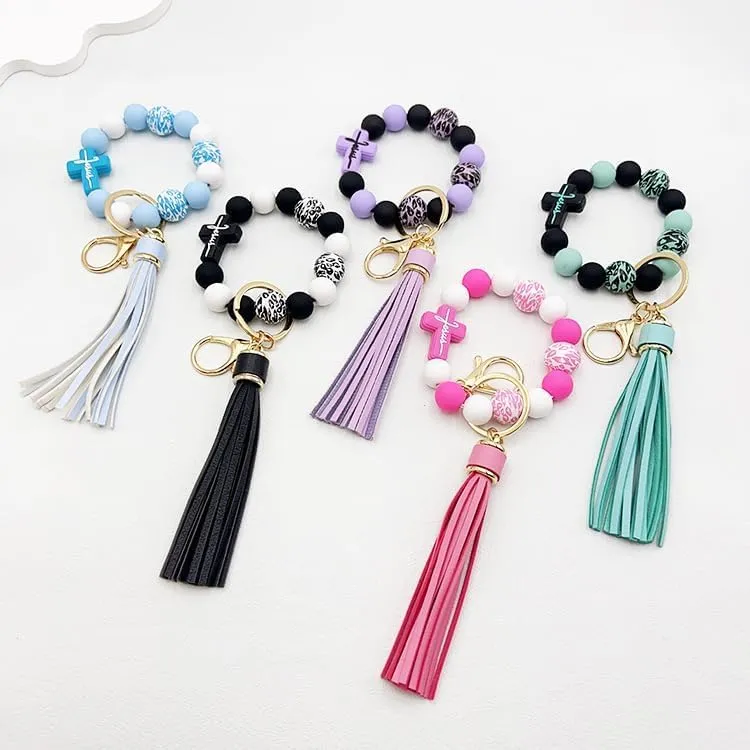 Silicone Bead Keychain Bracelet, Beaded Keyring Wristlet for Women Girls House Car Keys with Leather Tassel Cross Charm