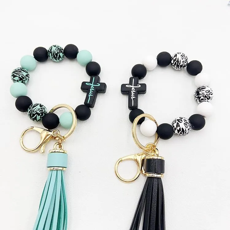 Silicone Bead Keychain Bracelet, Beaded Keyring Wristlet for Women Girls House Car Keys with Leather Tassel Cross Charm