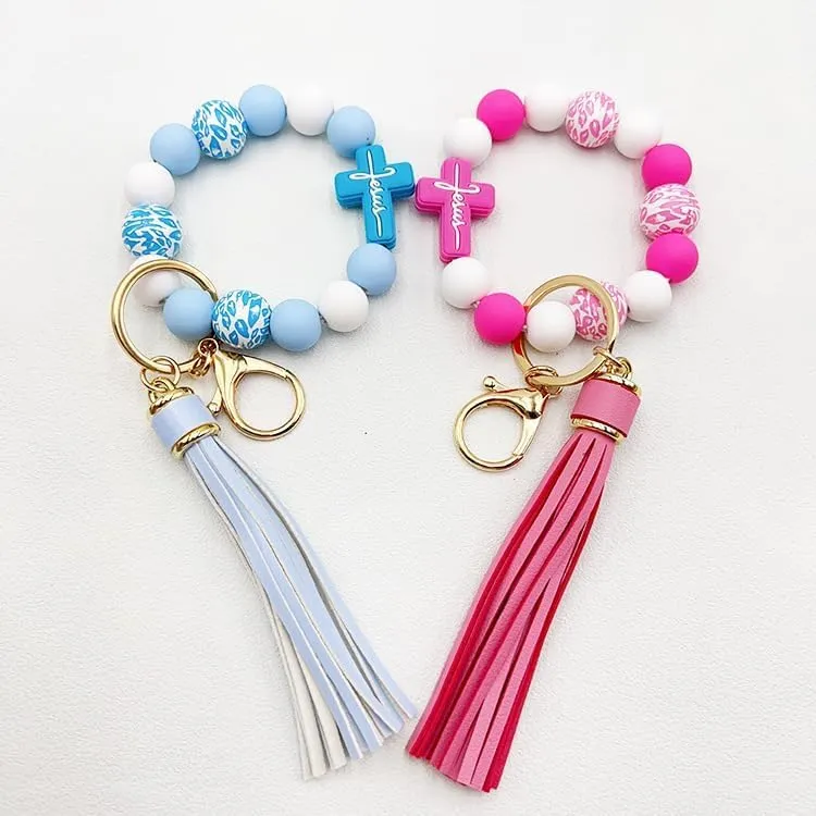 Silicone Bead Keychain Bracelet, Beaded Keyring Wristlet for Women Girls House Car Keys with Leather Tassel Cross Charm