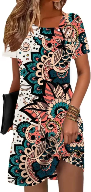 Soesdemo Womens Summer Dresses Square Neck Short Sleeve Buttons Casual Beach Boho 2025 Fashion Sundress