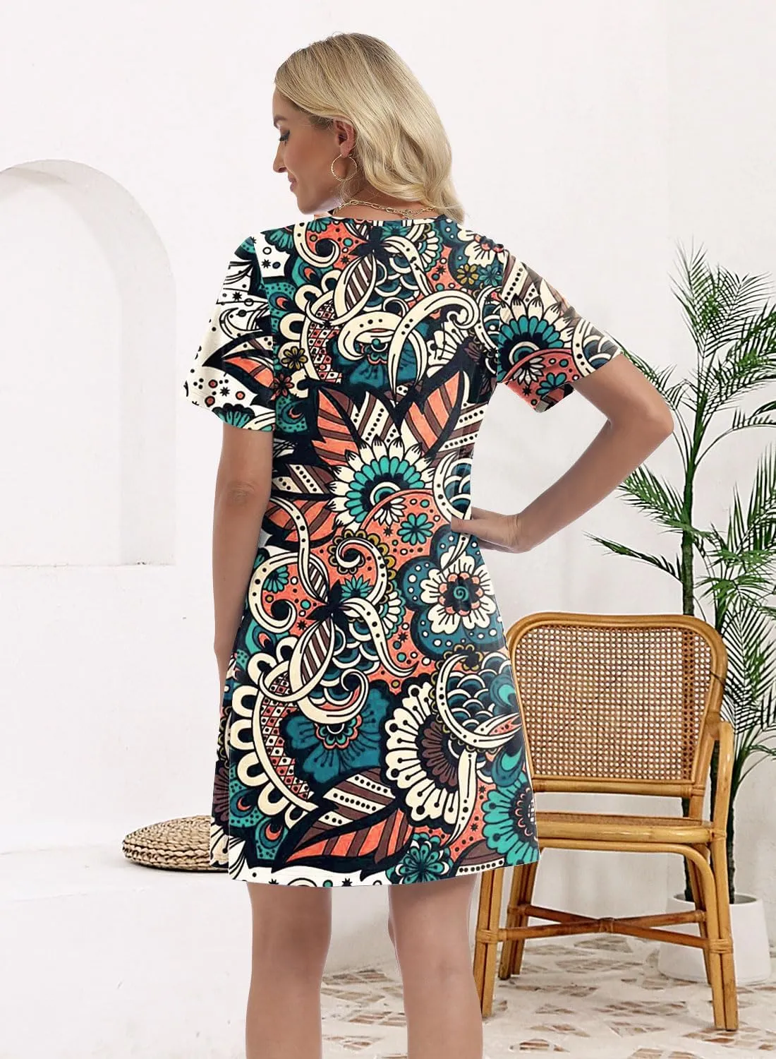 Soesdemo Womens Summer Dresses Square Neck Short Sleeve Buttons Casual Beach Boho 2025 Fashion Sundress
