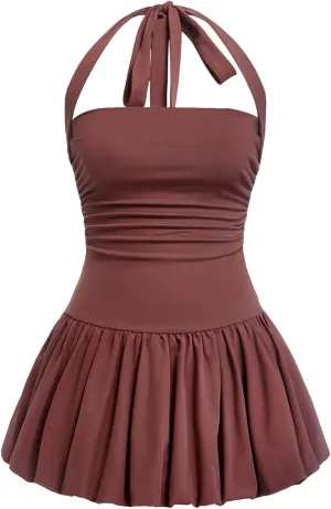 SOLY HUX Women's Bubble Mini Dress Halter Backless Ruched Y2K Club Party Short Sundress with Built-in Shorts