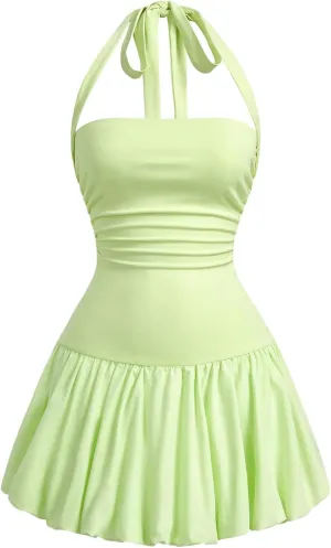 SOLY HUX Women's Bubble Mini Dress Halter Backless Ruched Y2K Club Party Short Sundress with Built-in Shorts