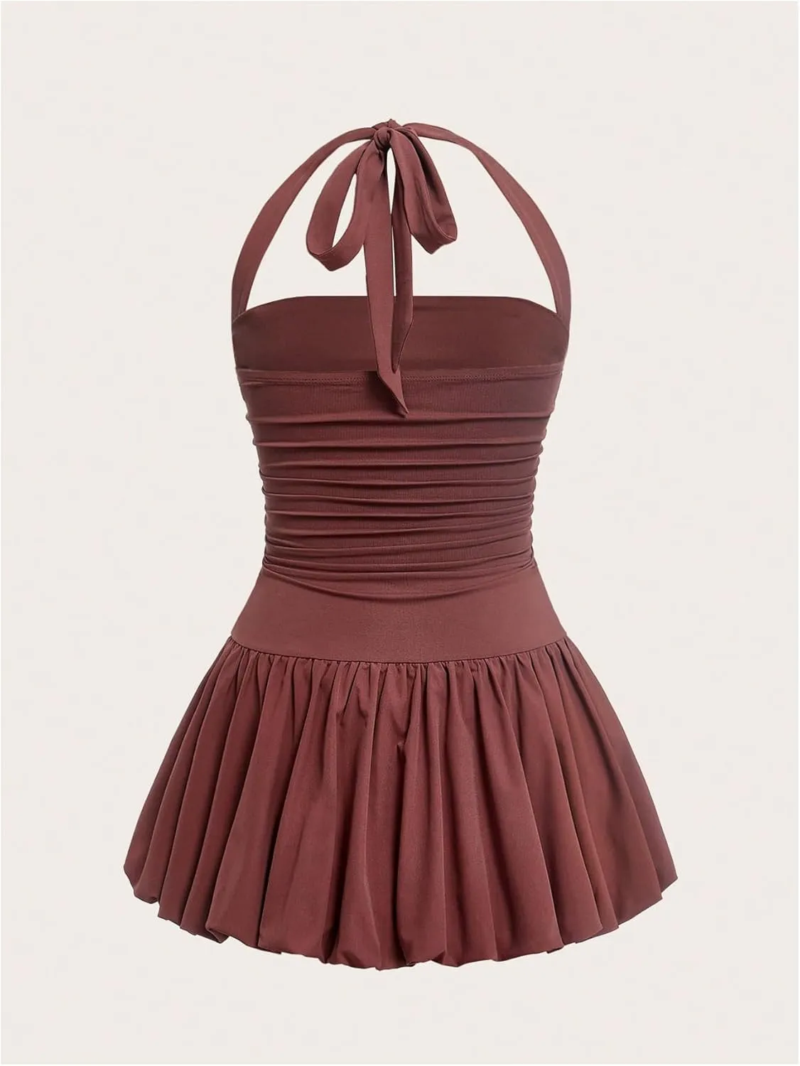 SOLY HUX Women's Bubble Mini Dress Halter Backless Ruched Y2K Club Party Short Sundress with Built-in Shorts