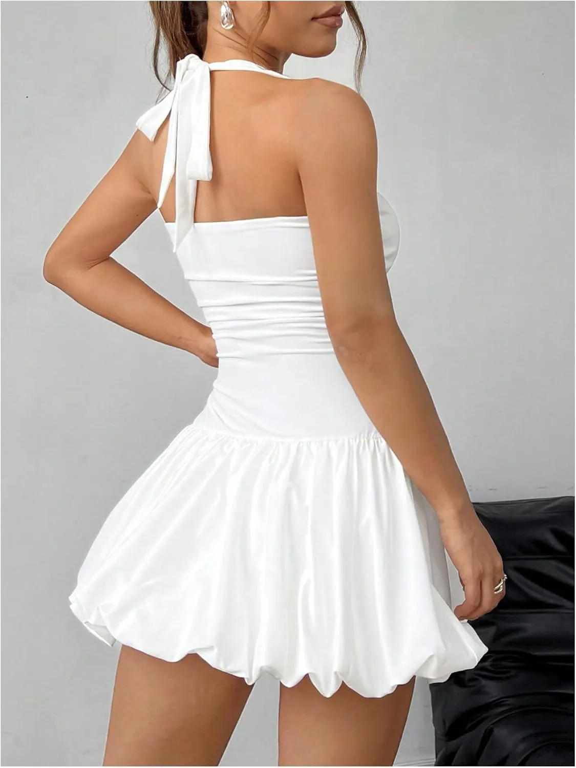 SOLY HUX Women's Bubble Mini Dress Halter Backless Ruched Y2K Club Party Short Sundress with Built-in Shorts