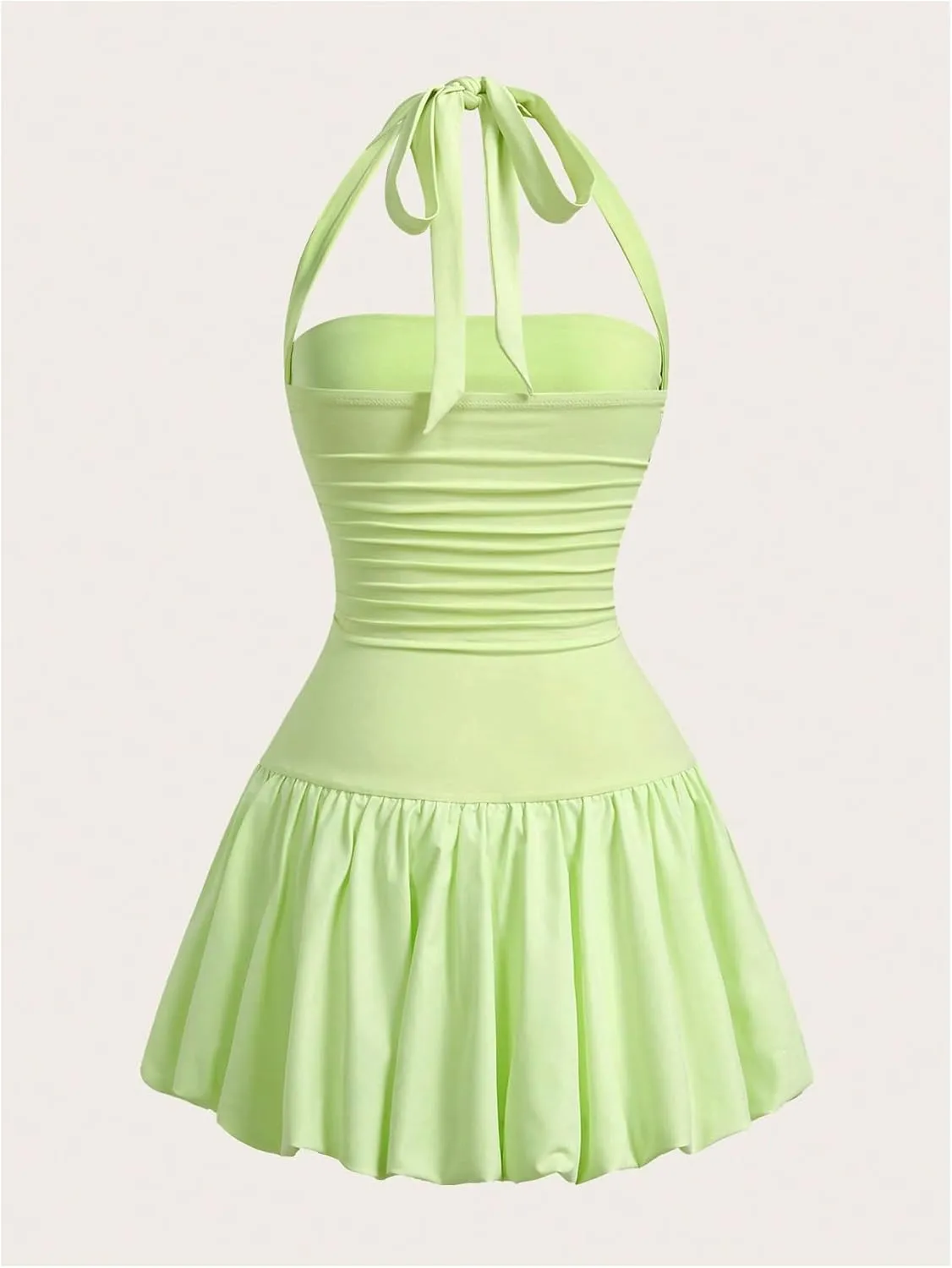 SOLY HUX Women's Bubble Mini Dress Halter Backless Ruched Y2K Club Party Short Sundress with Built-in Shorts
