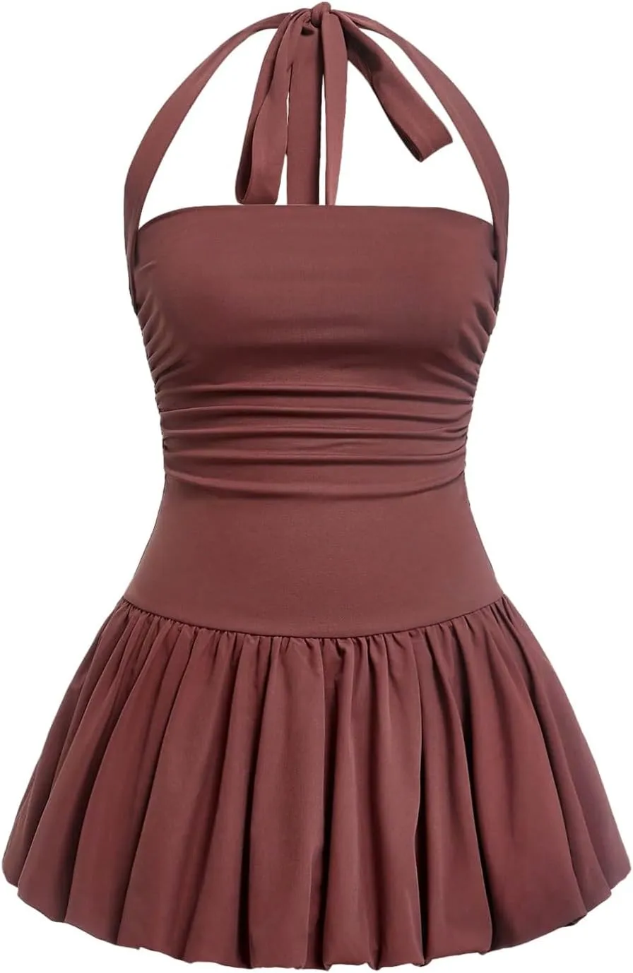 SOLY HUX Women's Bubble Mini Dress Halter Backless Ruched Y2K Club Party Short Sundress with Built-in Shorts