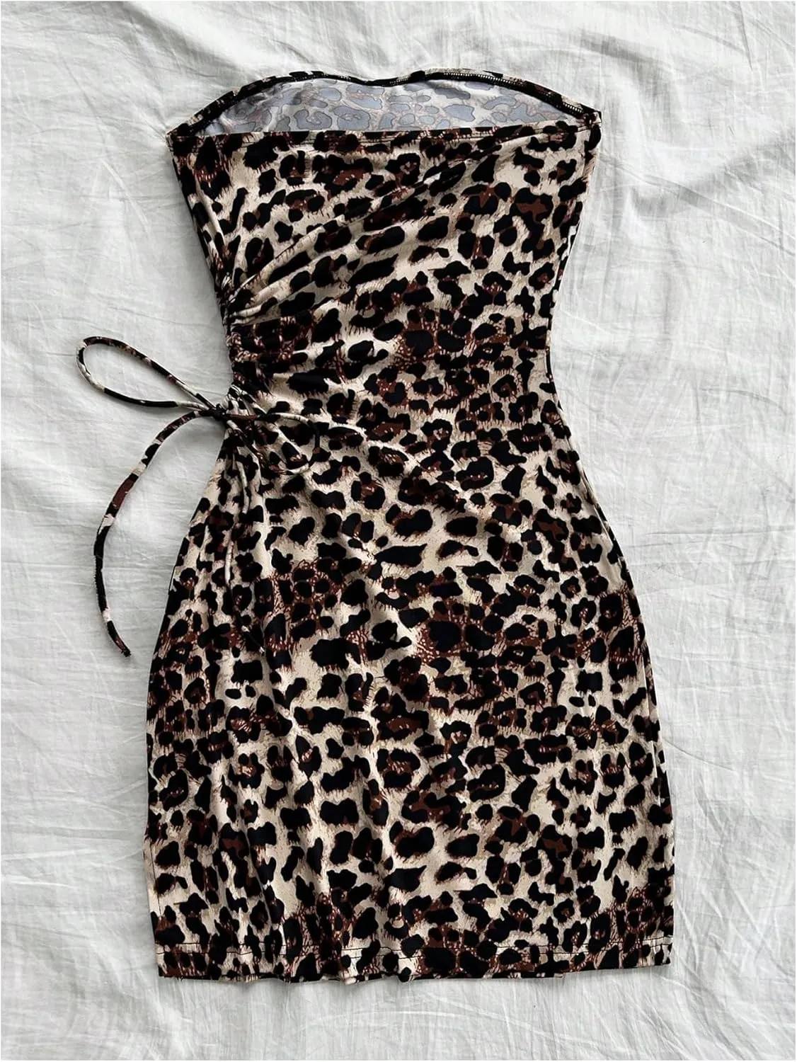 SOLY HUX Women's Leopard Print Mini Dress Strapless Sleeveless Drawstring Side Bodycon Tube Dresses