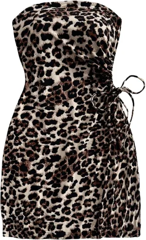 SOLY HUX Women's Leopard Print Mini Dress Strapless Sleeveless Drawstring Side Bodycon Tube Dresses