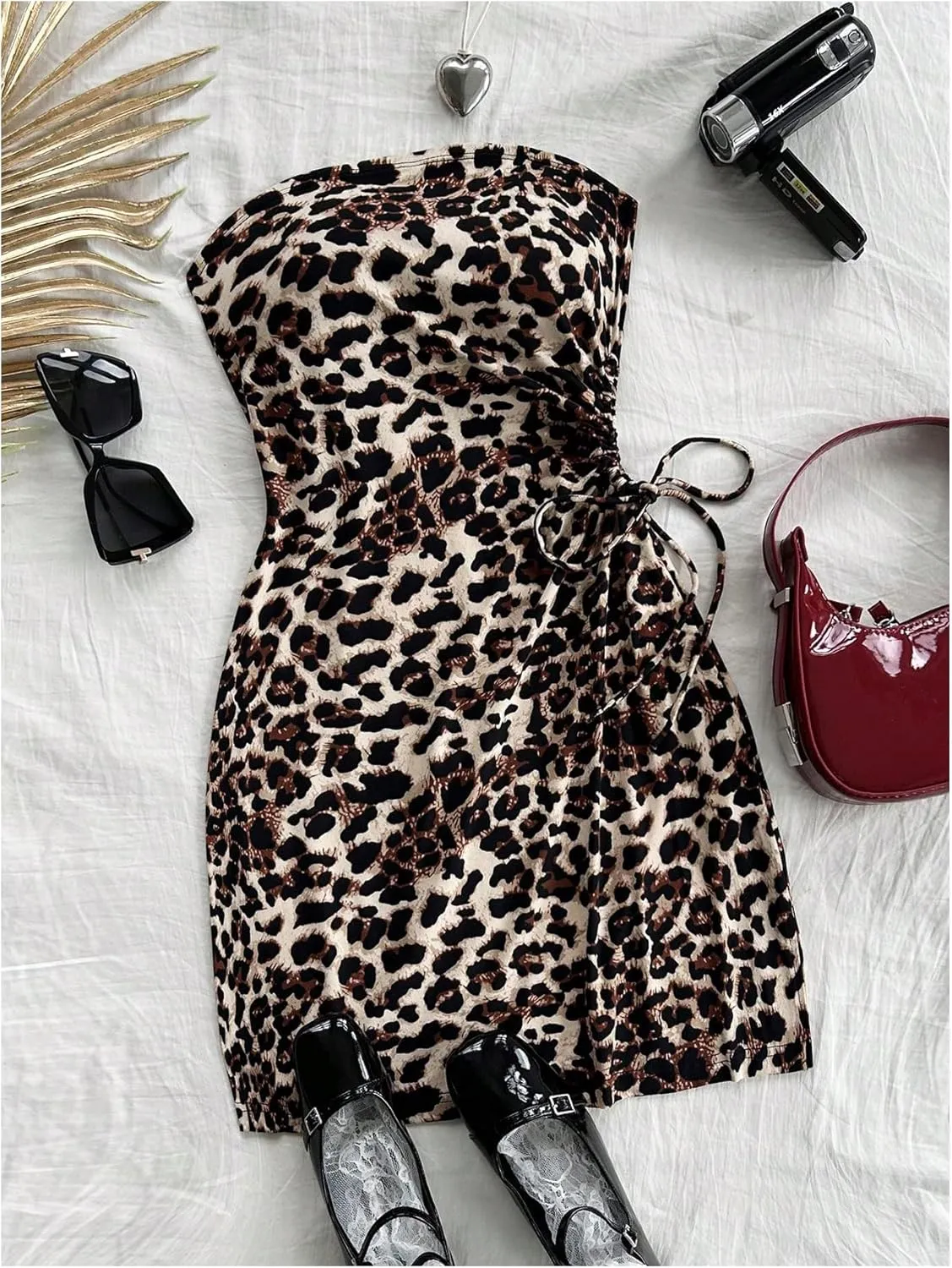 SOLY HUX Women's Leopard Print Mini Dress Strapless Sleeveless Drawstring Side Bodycon Tube Dresses