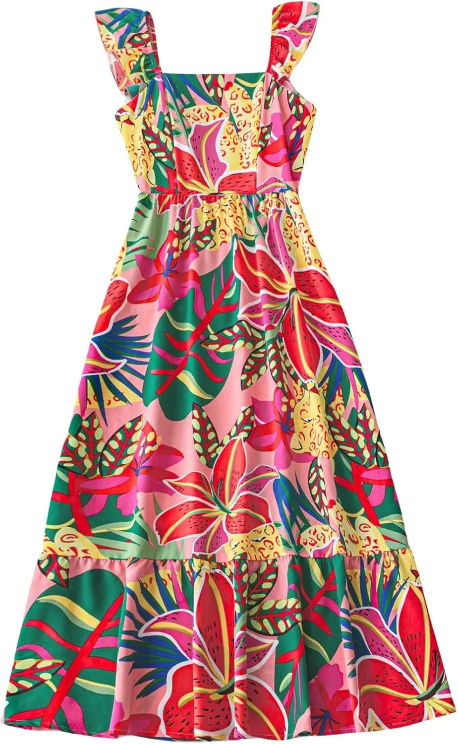 SOLY HUX Women's Summer Tropical Midi Dresses Square Neck Beach A-Line Sun Casual Boho Floral Print Flowy Long Dress