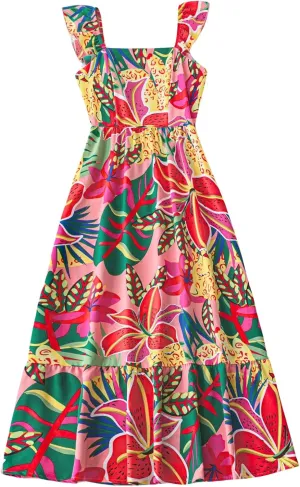 SOLY HUX Women's Summer Tropical Midi Dresses Square Neck Beach A-Line Sun Casual Boho Floral Print Flowy Long Dress