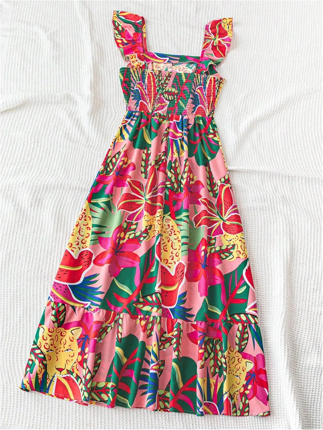 SOLY HUX Women's Summer Tropical Midi Dresses Square Neck Beach A-Line Sun Casual Boho Floral Print Flowy Long Dress
