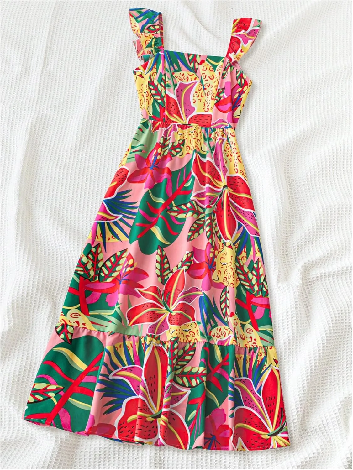 SOLY HUX Women's Summer Tropical Midi Dresses Square Neck Beach A-Line Sun Casual Boho Floral Print Flowy Long Dress