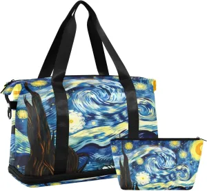 Starry Night Van Gogh Sports Gym Bag with Waterproof Dry Wet Pocket, Travel Duffel Bag for Women MenWorkout Bag Fits Yoga, Swimming