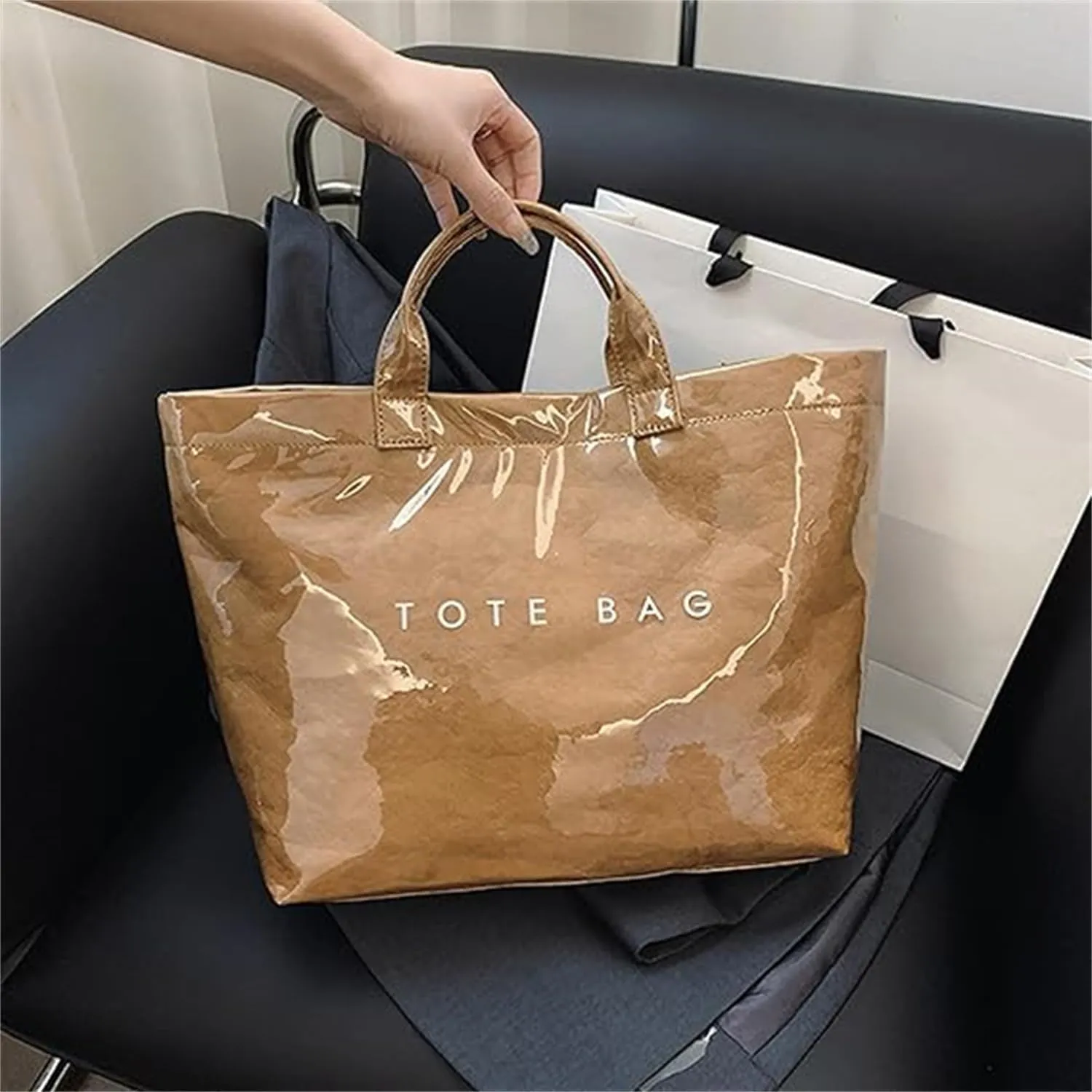 Stellaya Womens Letters Print Tote Bag, Stellaya Tote Bag PVC Kraft Paper Letters Print Handbag for Women
