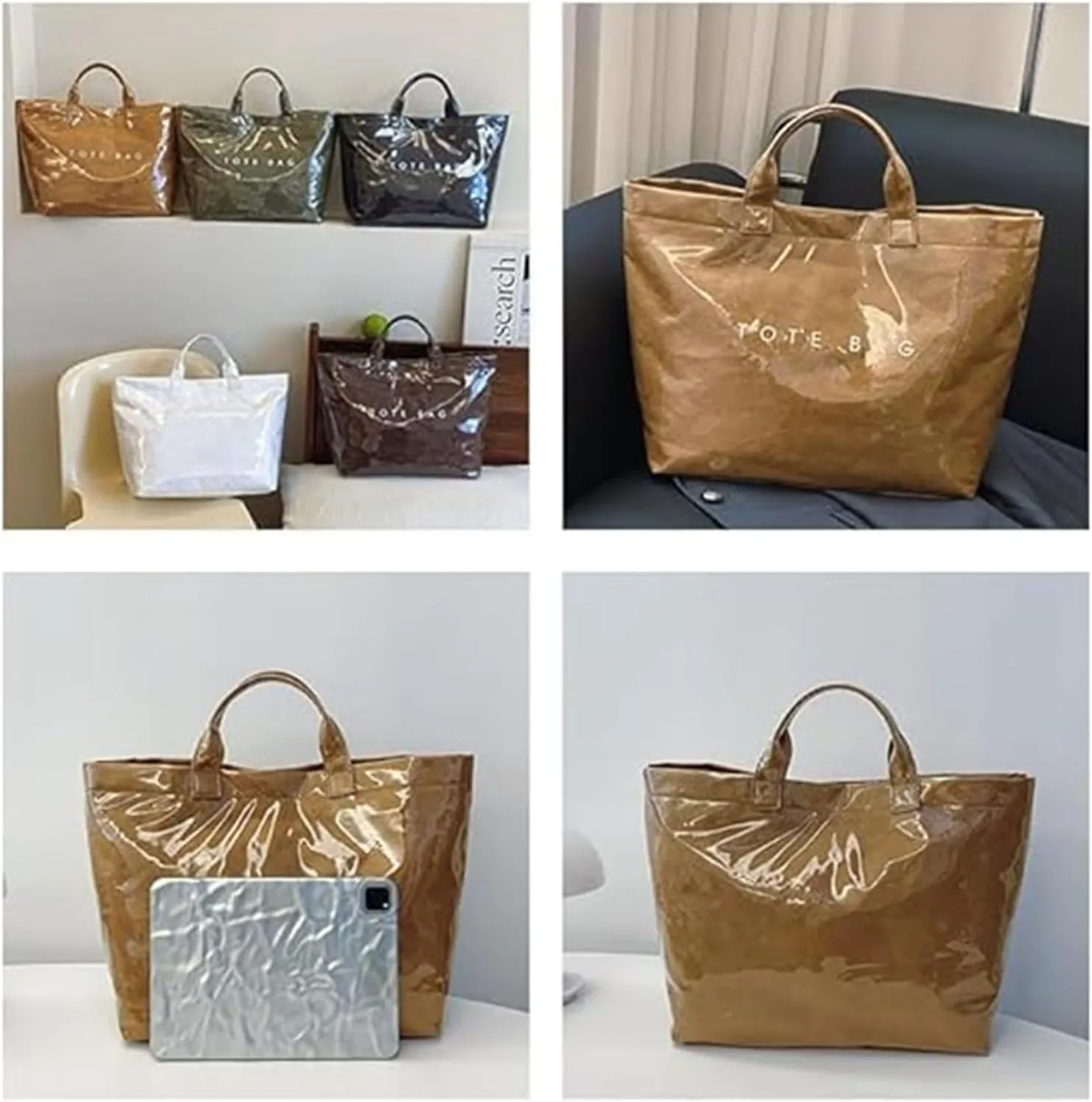 Stellaya Womens Letters Print Tote Bag, Stellaya Tote Bag PVC Kraft Paper Letters Print Handbag for Women