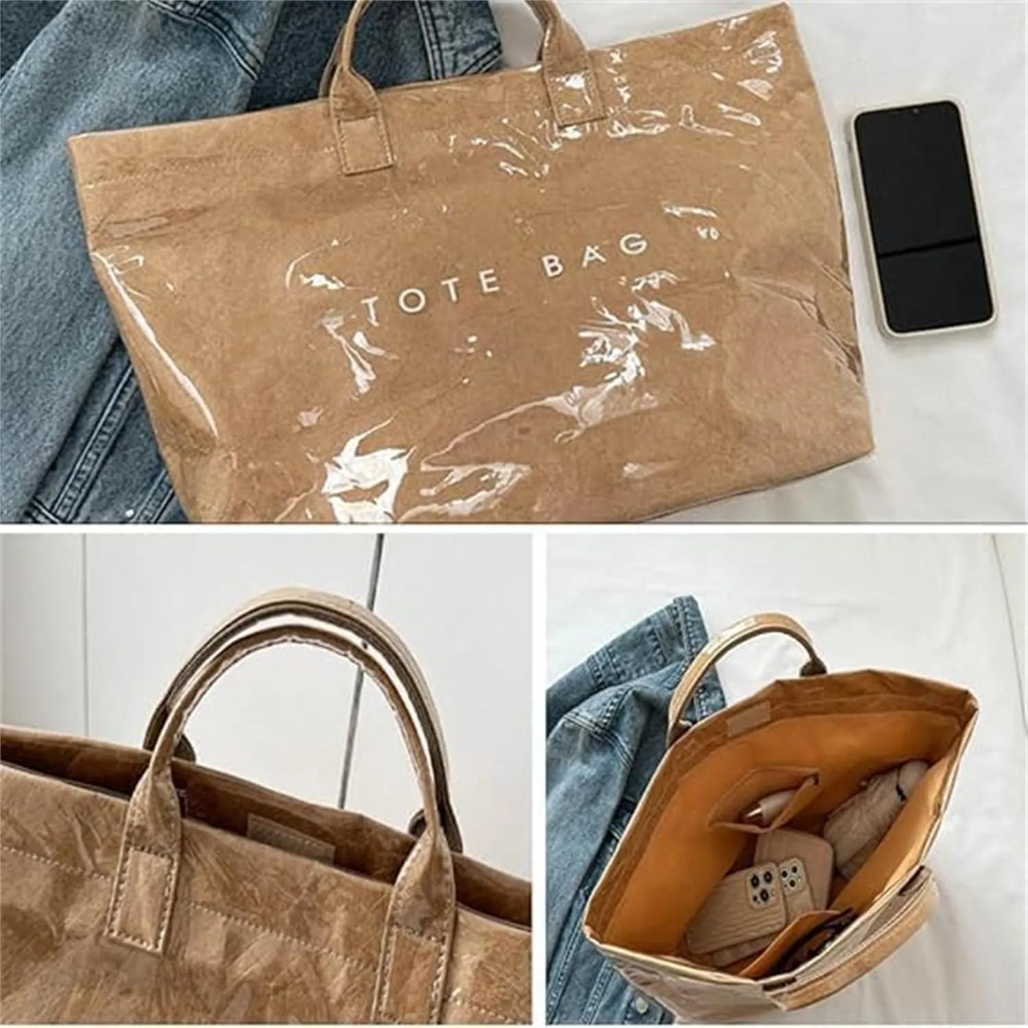 Stellaya Womens Letters Print Tote Bag, Stellaya Tote Bag PVC Kraft Paper Letters Print Handbag for Women