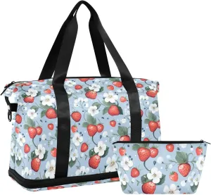 Strawberry Flower Sports Gym Bag with Waterproof Dry Wet Pocket, Travel Duffel Bag for Women MenWorkout Bag Fits Yoga, Swimming
