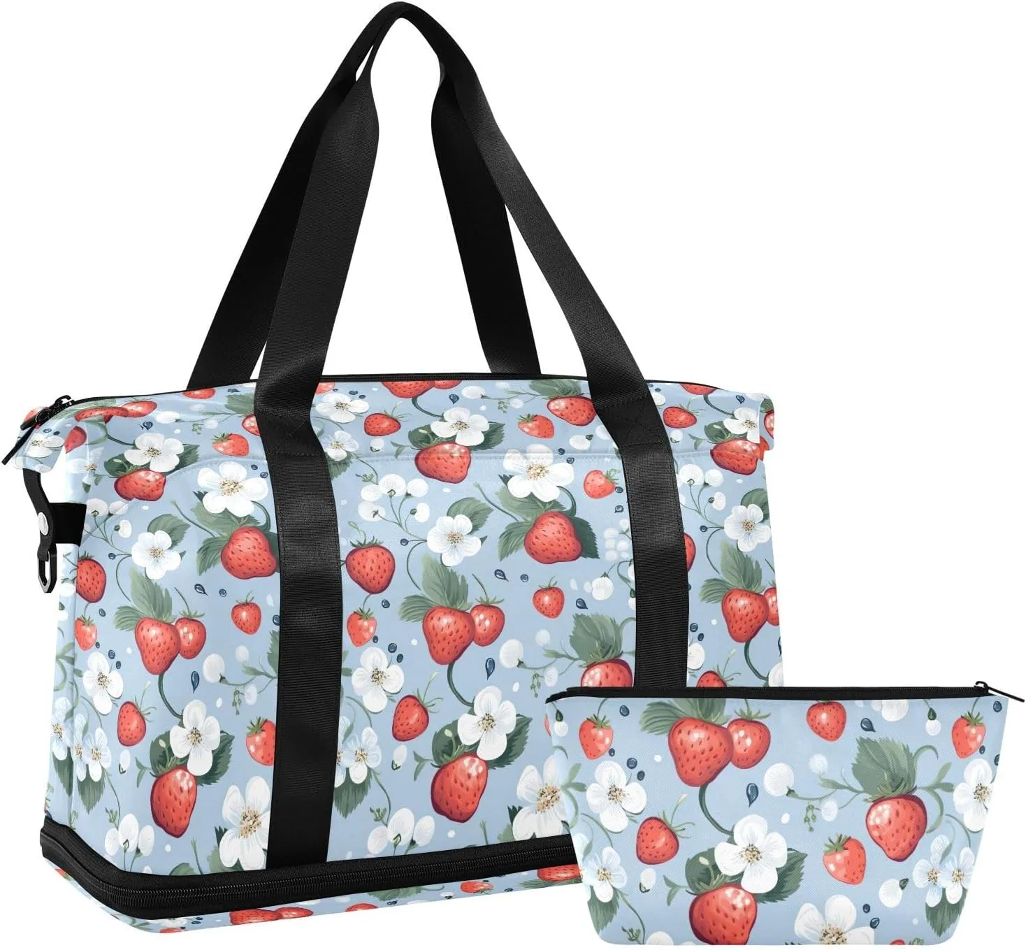 Strawberry Flower Sports Gym Bag with Waterproof Dry Wet Pocket, Travel Duffel Bag for Women MenWorkout Bag Fits Yoga, Swimming