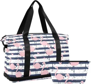 Stripe Flamingo Sports Gym Bag with Waterproof Dry Wet Pocket, Travel Duffel Bag for Women MenWorkout Bag Fits Yoga, Swimming