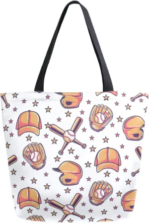 Stylish Extra Large Shoulder Grocery Tote Bag, Baseball Softball Ball Sport Pattern Canvas Daily Handle Bag for Gym Yoga Weekender Beach Travel Picnic Kitchen Reusable Market Shopping