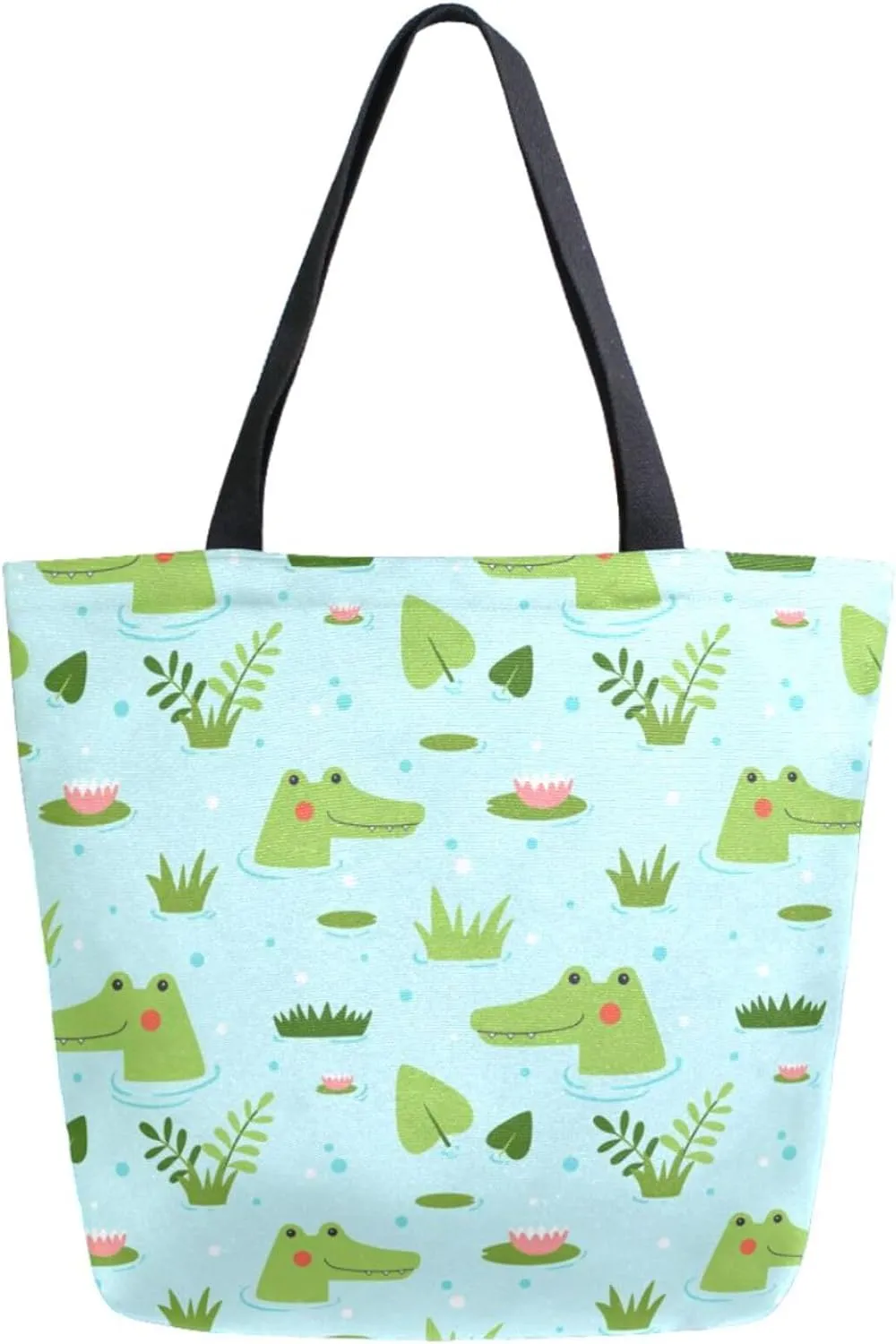 Stylish Extra Large Shoulder Grocery Tote Bag, Cartoon Water Crocodiles Leaves Canvas Daily Handle Bag for Gym Yoga Weekender Beach Travel Picnic Kitchen Reusable Market Shopping