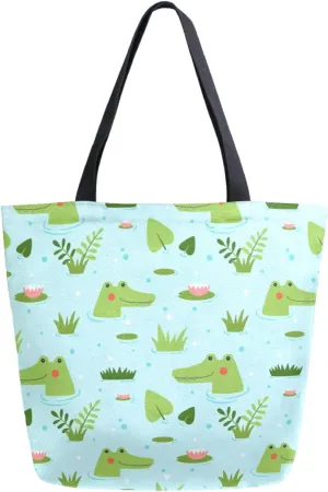 Stylish Extra Large Shoulder Grocery Tote Bag, Cartoon Water Crocodiles Leaves Canvas Daily Handle Bag for Gym Yoga Weekender Beach Travel Picnic Kitchen Reusable Market Shopping