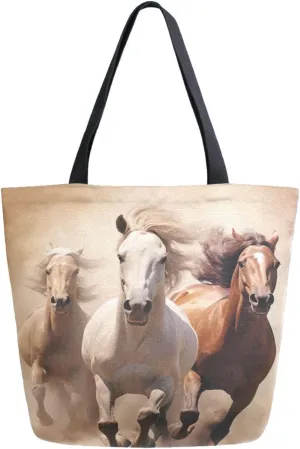 Stylish Extra Large Shoulder Grocery Tote Bag, Galloping Three Horses in Desert Canvas Daily Handle Bag for Gym Weekender Beach Travel Kitchen Reusable Market Shopping