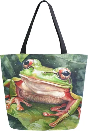Stylish Extra Large Shoulder Grocery Tote Bag, Green Leaves Frog Painting Canvas Daily Handle Bag for Gym Weekender Beach Travel Kitchen Reusable Market Shopping