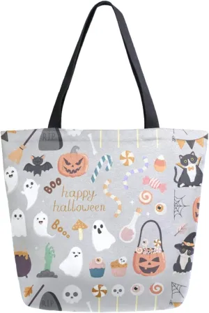 Stylish Extra Large Shoulder Grocery Tote Bag, Halloween Grey Cat Candy Bats Boo Canvas Daily Handle Bag for Gym Yoga Weekender Beach Travel Picnic Kitchen Reusable Market Shopping