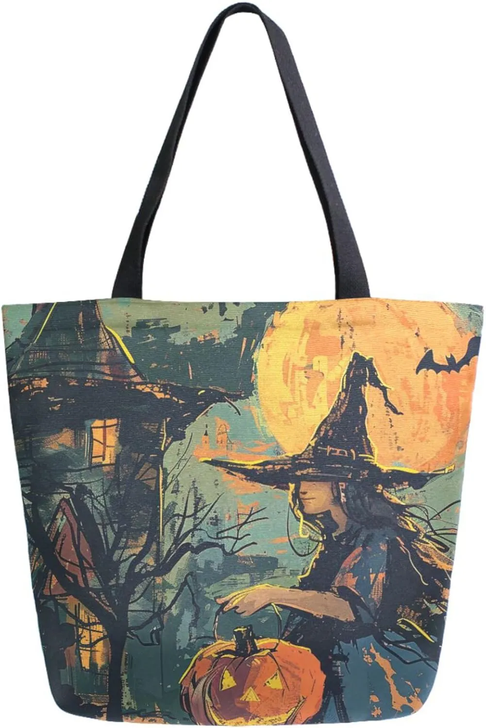 Stylish Extra Large Shoulder Grocery Tote Bag, Halloween Witch with Pumpkin Canvas Daily Handle Bag for Gym Weekender Beach Travel Kitchen Reusable Market Shopping, das69727260p281c318s555