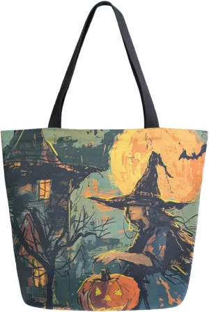 Stylish Extra Large Shoulder Grocery Tote Bag, Halloween Witch with Pumpkin Canvas Daily Handle Bag for Gym Weekender Beach Travel Kitchen Reusable Market Shopping, das69727260p281c318s555