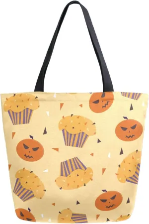 Stylish Extra Large Shoulder Grocery Tote Bag, Happy Halloween Cupcakes Pumpkin Canvas Daily Handle Bag for Gym Yoga Weekender Beach Travel Picnic Kitchen Reusable Market Shopping