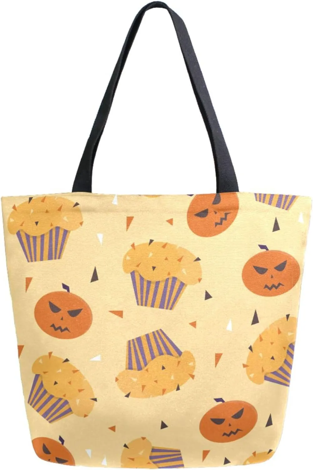 Stylish Extra Large Shoulder Grocery Tote Bag, Happy Halloween Cupcakes Pumpkin Canvas Daily Handle Bag for Gym Yoga Weekender Beach Travel Picnic Kitchen Reusable Market Shopping