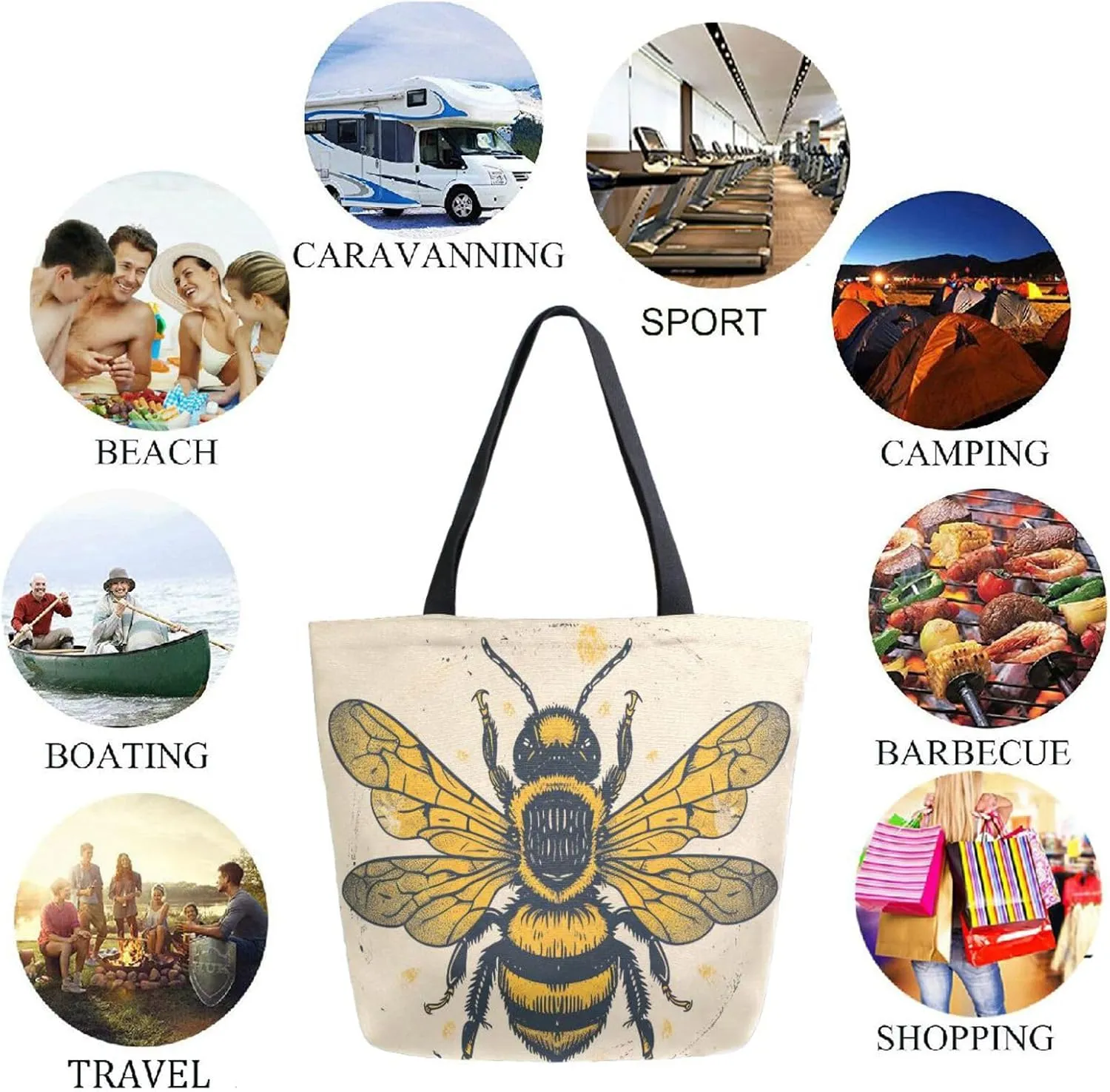 Stylish Extra Large Shoulder Grocery Tote Bag, Retro Golden Bee Beige Canvas Daily Handle Bag for Gym Weekender Beach Travel Kitchen Reusable Market Shopping