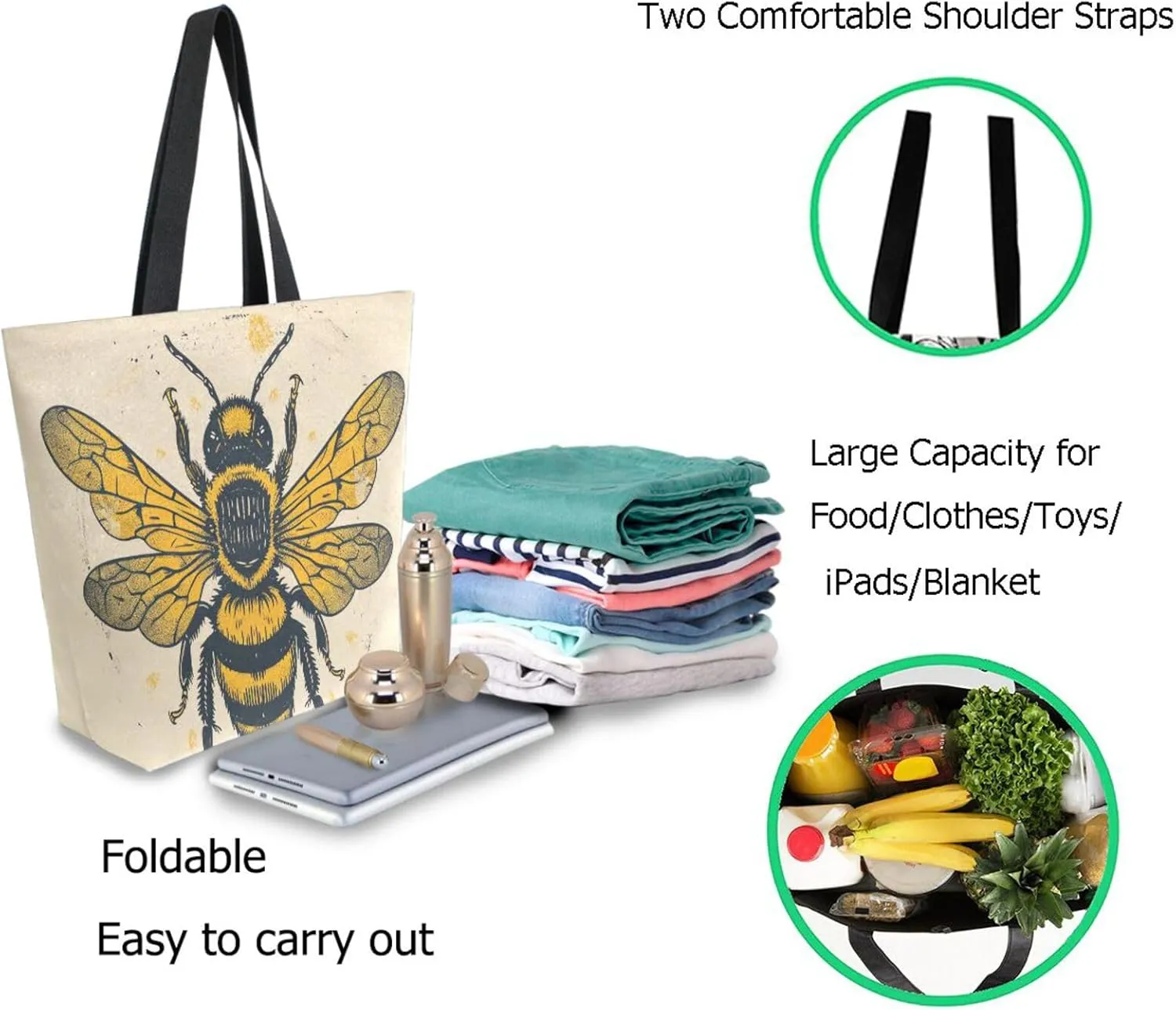 Stylish Extra Large Shoulder Grocery Tote Bag, Retro Golden Bee Beige Canvas Daily Handle Bag for Gym Weekender Beach Travel Kitchen Reusable Market Shopping