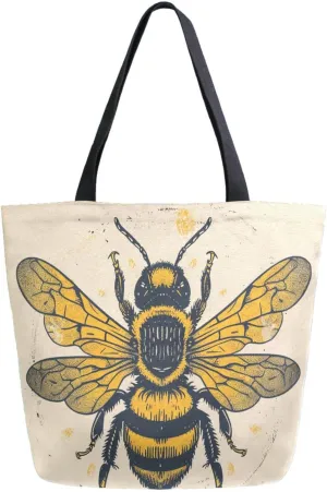 Stylish Extra Large Shoulder Grocery Tote Bag, Retro Golden Bee Beige Canvas Daily Handle Bag for Gym Weekender Beach Travel Kitchen Reusable Market Shopping