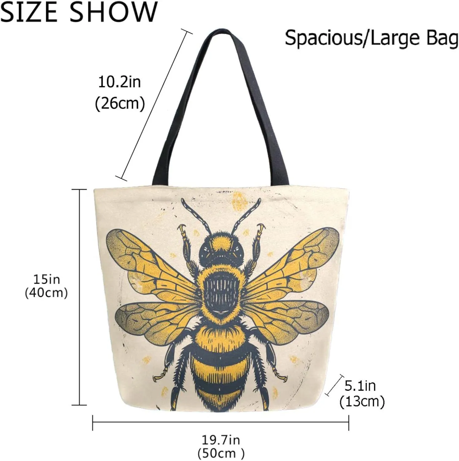 Stylish Extra Large Shoulder Grocery Tote Bag, Retro Golden Bee Beige Canvas Daily Handle Bag for Gym Weekender Beach Travel Kitchen Reusable Market Shopping