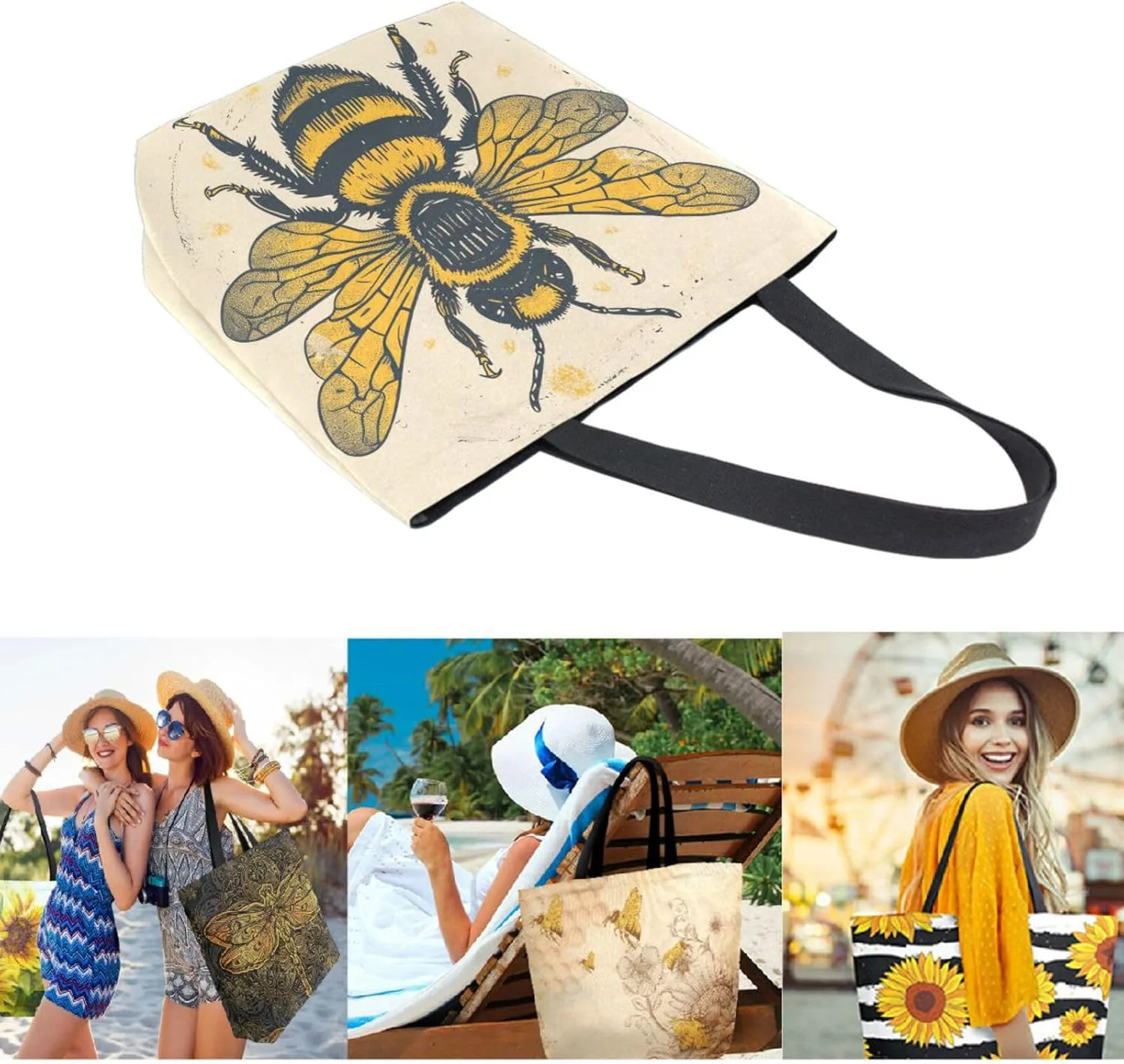 Stylish Extra Large Shoulder Grocery Tote Bag, Retro Golden Bee Beige Canvas Daily Handle Bag for Gym Weekender Beach Travel Kitchen Reusable Market Shopping