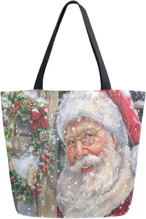 Stylish Extra Large Shoulder Grocery Tote Bag, Retro Vchristmas Happy Santa Canvas Daily Handle Bag for Gym Weekender Beach Travel Kitchen Reusable Market Shopping