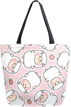 Stylish Extra Large Shoulder Grocery Tote Bag, Sweet Lovely Sheep Strawberry Pink Floral Canvas Daily Handle Bag for Gym Yoga Weekender Beach Travel Picnic Kitchen Reusable Market Shopping